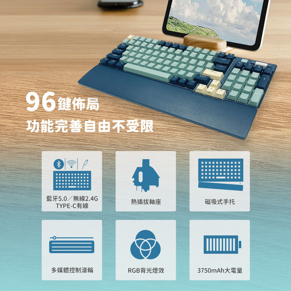 【RK】96 90% 藍牙三模無線機械鍵盤K黃軸 RGB 森林藍|中文