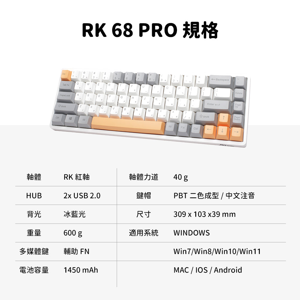 【RK】RK68 PRO 65% 藍牙三模無線機械鍵盤 紅軸 冰藍光 灰橙