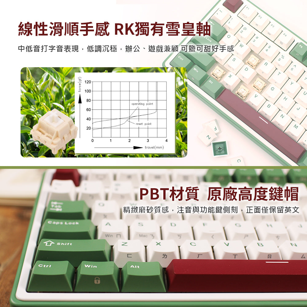 【RK】R75 抹茶紅豆配色 藍牙三模機械鍵盤 GASKET結構 雪皇軸 PBT鍵帽｜注音