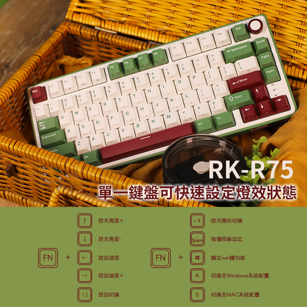 【RK】R75 抹茶紅豆配色 藍牙三模機械鍵盤 GASKET結構 雪皇軸 PBT鍵帽｜注音